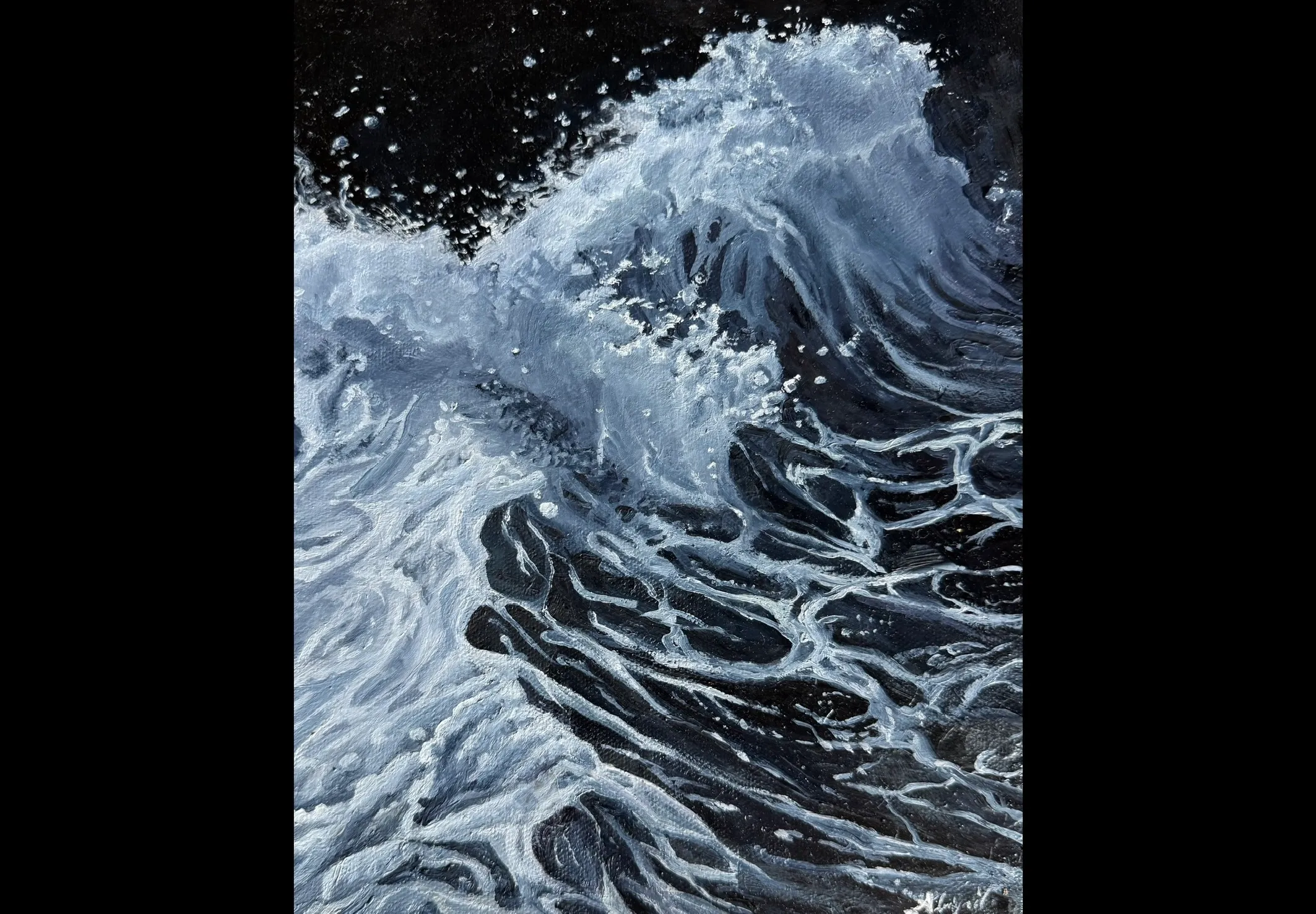 An oil painting of a cresting wave breaking into white foam against a deep black sea.