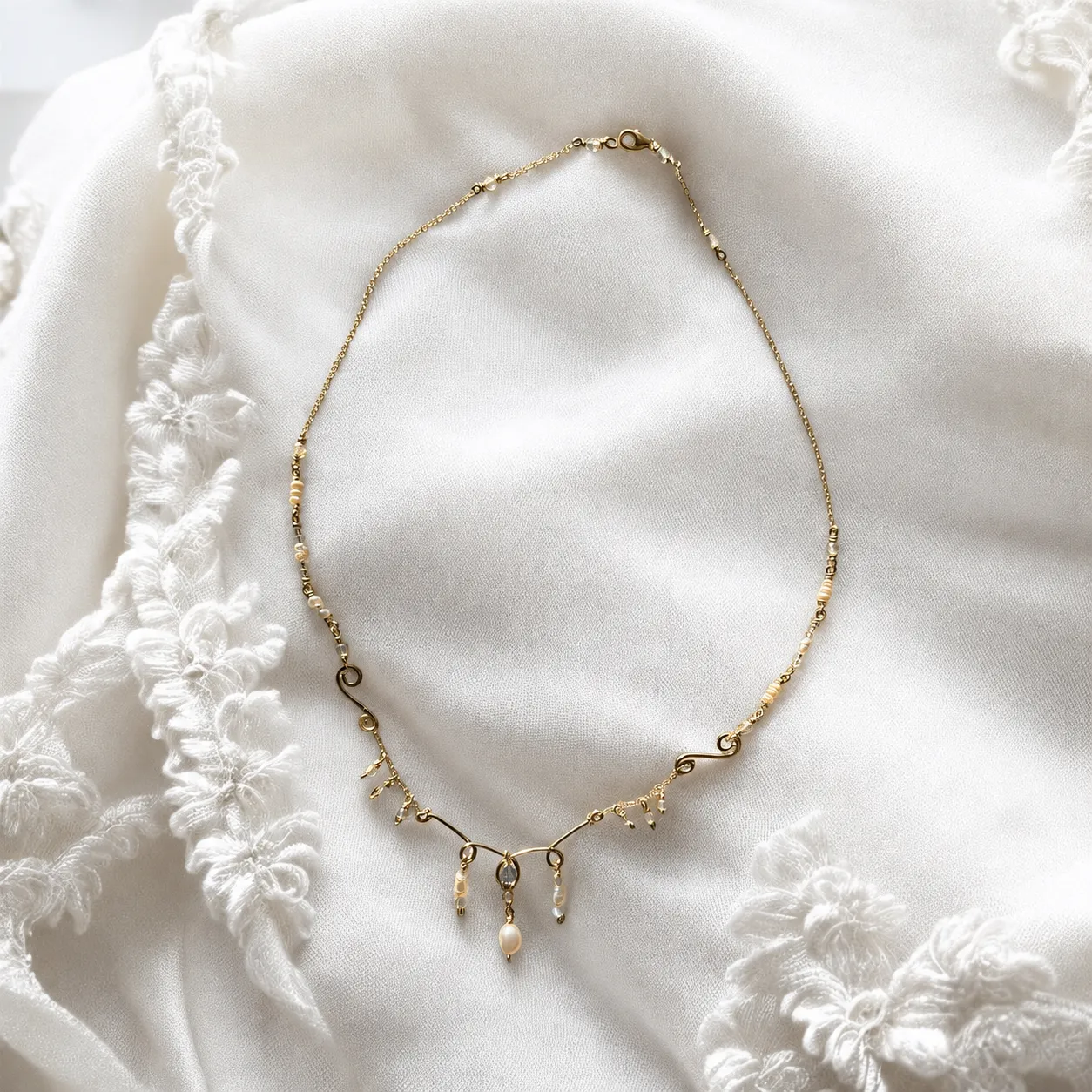 A delicate handmade necklace with gold scrolls and pearl drops.
