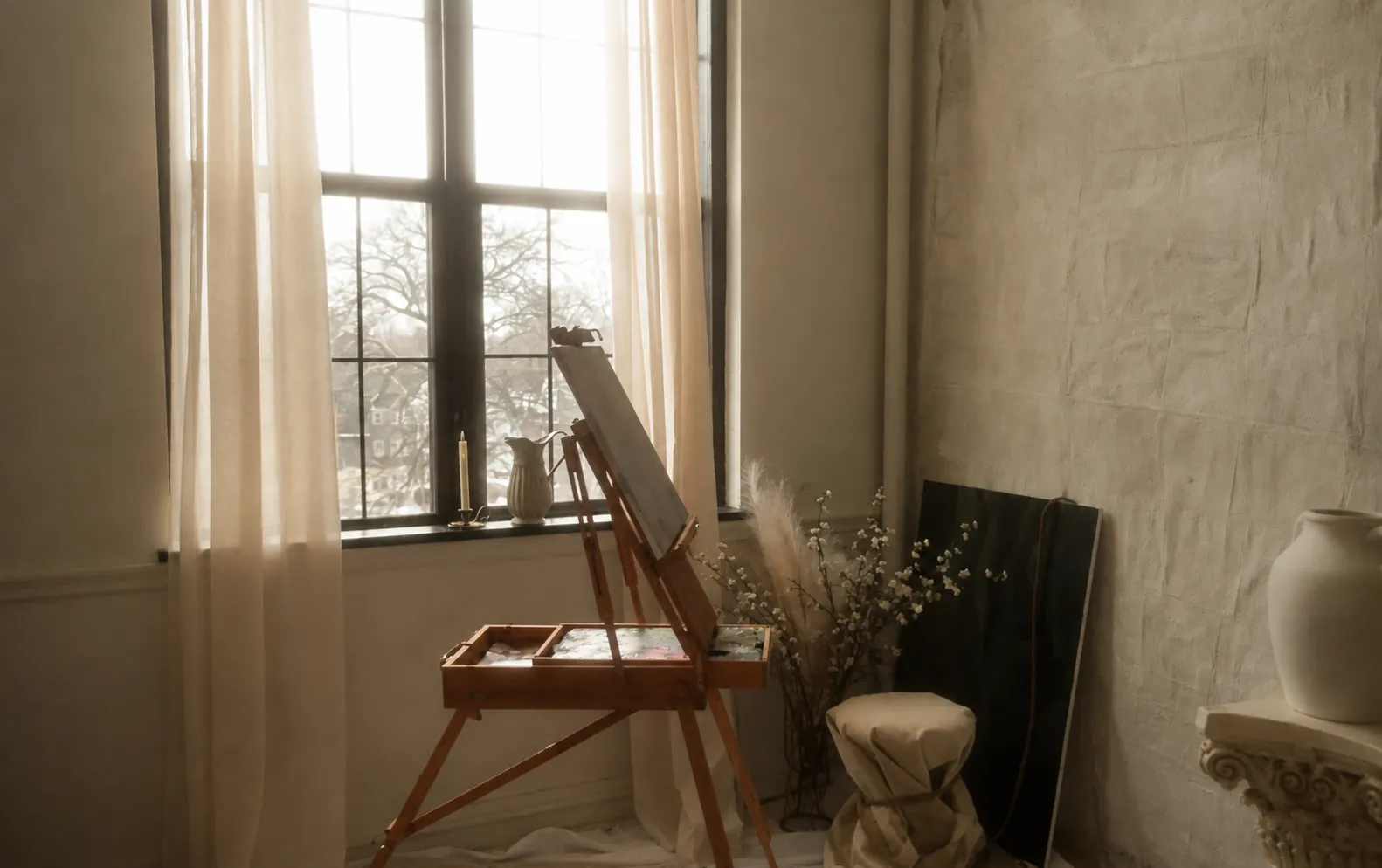 A quiet corner of Abigail’s home studio, with an easel by the window.