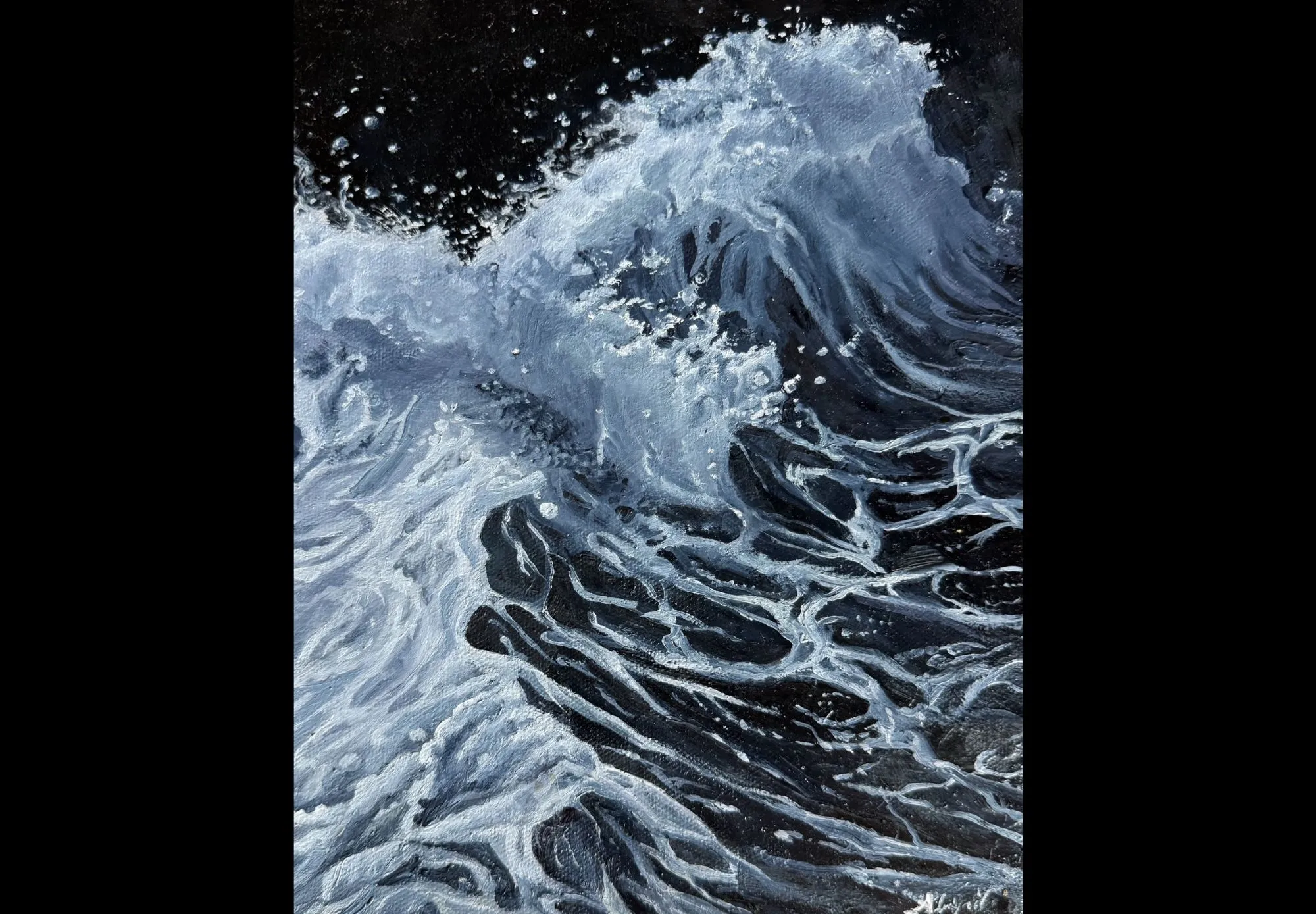 A close-up oil painting of a cresting wave on a black background, white foam catching the light.